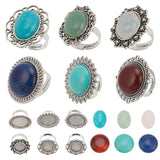 DIY Gemstone Finger Ring Making Kit, Including Natural & Synthetic Mixed Stone Cabochons, Flower & Oval & Flat Round Adjustable Alloy Ring Settings, Antique Silver, 12Pcs/bag