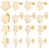 80Pcs 4 Style 201 Stainless Steel Stud Earring Findings, with Horizontal Loops & 304 Stainless Steel Pins & Ear Nuts, Flower, Real 24K Gold Plated, 10~14x9~12mm, Hole: 1.2~1.8mm, Pin: 0.8mm, 20Pcs/style