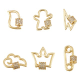 Brass Micro Pave Clear Cubic Zirconia Screw Carabiner Lock Charms, for Necklaces Making, Long-Lasting Plated, Mixed Shapes, Real 18K Gold Plated, 6pcs/box