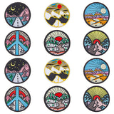 12Pcs 6 Style Mountain Theme Flat Round Patches, Computerized Embroidery Cloth Iron on Patches, Costume Accessories, Mixed Patterns, 61x1.8mm, 2pcs/style