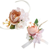 2Pcs 2 Style Silk Cloth Imitation Peony Corsage Boutonnieres, with Silk Cloth Imitation Peony Wrist Corsages, for Party Decorations, Pink, 125~890x13~85mm, 1pc/style