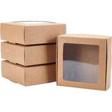 Paper Candy Boxes, Bakery Box, with PVC Clear Window, for Party, Wedding, Baby Shower, Square, Tan, 9.5x9.5x3.5cm