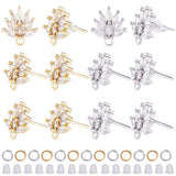 12Pcs 2 Color Brass Pave Clear Cubic Zirconia Flower Stud Earring Findings, with Horizontal Loops & 52Pcs Open Jump Rings & 50Pcs Plastic Ear Nuts, Platinum & Golden, 12x11.5x2.5mm, Hole: 1mm, 6Pcs/color