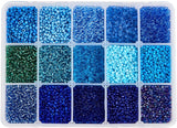 12/0 Glass Seed Beads, Round, Blue, 2mm, Hole: 1mm, 15 colors, about 1334pcs/color, 20010pcs/box