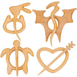 4Set 4 Style Turtle & Heart & Dragon & Rabbit Wooden Shawl Pin, Scarf Clips, Wheat, 50~68x53~103x4.5~6mm, Pin: 70.5~100x13~58x4~6mm, 1set/style