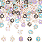 100Pcs 5 Colors Light Gold Plated Alloy Enamel Pendants, Flat Round with Cross, Mixed Color, 15x12x1.5mm, Hole: 1.6mm, 20pcs/color