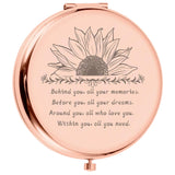 1Pc Stainless Steel Customization Mirror, Flat Round with Flower & Word, with 1Pc Rectangle Velvet Pouch, Rose Gold, Mirror: 7x6.5cm