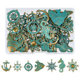42Pcs 7 Styles Ocean Theme Alloy Pendants, Mixed Shapes, Golden & Green Patina, 28~38x20~34x2~5mm, Hole: 2~3mm, 6pcs/style