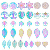 32Pcs 16 Style Ion Plating(IP) 201 Stainless Steel Filigree Pendants, Etched Metal Embellishments, Leaf & Flower & Tree of Life & Flat Round, Rainbow Color, 2pcs/style