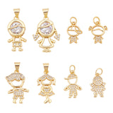 8Pcs 8 Style Brass Micro Pave Clear Cubic Zirconia Pendants, Girl or Boy, Real 18K Gold Plated, 14~23x9.5~17x2~6mm, Hole: 3~4mm, 1pc/style