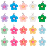 Resin Pendants, with Platinum Plated Screw Eye Pin Peg Bails, Flower, Mixed Color, 22~24x19~19.5x7~8mm, Hole: 1.8~2mm, 10 Colors, 4pcs/color, 40pcs/box