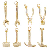 8Pcs 4 Styles Rack Plating Brass Micro Pave Cubic Zirconia Tool Pendants, Wrench & Plier & Hammer Charm, with Jump Ring, Real 18K Gold Plated, 23~32x8~16.5x2.5~6.5m, Hole: 3.4mm, 2pcs/style