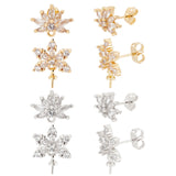 4 Pairs 4 Style Brass Cubic Zirconia Flower Stud Earring Findings, with Cup Pearl Peg Bails & Horizontal Loops & 8Pcs Ear Nuts, Platinum & Golden, 15mm, Pin: 0.7mm, 1 Pair/style