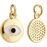 Brass Enamel Charms, with Jump Rings, Long-Lasting Plated, Flat Round with Evil Eye, Real 18K Gold Plated, 12.5x10x2mm, Hole: 3mm, 10pcs/box