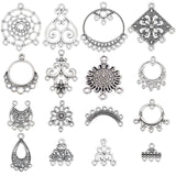 64Pcs 16 Style Tibetan Style Alloy Chandelier Component Links, Mixed Shapes, Antique Silver, 14~35x13.3~33.5x1~2.5mm, Hole: 1.5~3mm, 4pcs/style