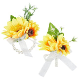 Silk Cloth Imitation Flower Wrist, with Artificial Silk Sunflower Boutonniere Brooch, for Wedding, Party Decorations, Orange, Stretch Bracelets: 120x115x58mm, 1pc; Brooch: about 60x100x65mm, pin: 1mm, 1pc