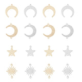 32Pcs 8 Styles Brass Connector Charms, Long-Lasting Plated, Sun & Star & Moon, Mixed Color, 13~22x12~18x0.5~1mm, Hole: 1.2mm, 4pcs/style