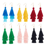 6 Pairs 6 Colors Cotton Triple Layer Tassel Dangle Earrings, Golden Iron Jewelry for Women, Mixed Color, 81~92mm, Pin: 0.5mm, 1 Pair/color