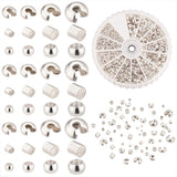 Brass & Iron Crimp Beads and Crimp Bead Covers Set, Silver Color Plated, Crimp Beads: 1.2~3x1.5~3mm, Hole: 0.5~2.5mm, Bead Covers: 3~5x5~5x2.5~5mm, Hole: 1.2~1.8mm, about 1665pcs/box