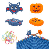 12Pcs 6 Colors Baking Painted Zinc Alloy Knitting Stitch Marker Rings, Crochet Clips, with 4Pcs 2 Style Halloween Theme Bat & Pumpkin Jack-O'-Lantern Shape Silicone Beads, Mixed Color, 1.45~2.5x1.45~3.45x0.1~0.8cm