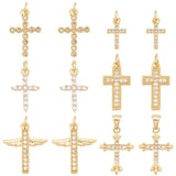 12Pcs 6 Style Brass Micro Pave Clear Cubic Zirconia Charms, with Jump Ring, Cross, Real 18K Gold Plated, 14~21x7.5~15x2.5~2.8mm, Hole: 3.4mm, 2pcs/style