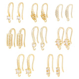 8 Pairs 8 Styles Brass Micro Pave Clear Cubic Zirconia Earring Hooks, Ear Wire, with Loops, Leaf & Rectangle, Real 18K Gold Plated, 15~18.5mm, Hole: 1~1.2mm, 1 Pair/style
