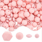 160Pcs 4 Style Food Grade Eco-Friendly Silicone Beads, Baby Chew Teething, Round & Rondelle & Hexagon, Pink, 8.5~17mm, Hole: 2~2.5mm