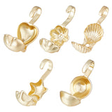 100Pcs 5 Style Brass Bead Tips, Calotte Ends, Clamshell Knot Cover, Flower & Shell & Heart & Star & Round, Real 14K Gold Plated, 10~11x5mm, Hole: 0.9mm, Inner Diameter: 4.5mm, 20Pcs/style