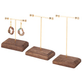3 Sets 3 Sizes Iron Earring Display Stand Set, with Coconut Brown Wooden Base, T-Bar, Golden, Finish Product: 8x5x9.7~16cm, about 1 size/set