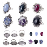 12Pcs DIY Natural Gemstone Finger Ring Making Kits, Including Alloy Adjustable Iron Finger Ring Components Alloy Cabochon Bezel Settings and 6 Styles Cabochons, Antique Silver, Size 7, 17mm