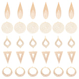 30Pcs 5 Style Brass Pendants, Etched Metal Embellishments, Flat Round & Triangle & Teardrop, Light Gold, 31.5~55x16~34x0.3mm, Hole: 1~1.5mm, 6pcs/style