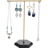 1 Set Golden Plated T Bar Iron Key Storage Jewelry Rack, Jewelry Display Holder with Hexagon Shaped MDF Base, for Earrings, Necklaces, Black, 18.5x9x26cm