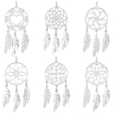 6Pcs 6 Style 201 Stainless Steel Pendants, with Jump Rings, Woven Net/Web with Feather, Mixed Shape, Stainless Steel Color, 44x20x1mm, Hole: 3mm, 1pc/style