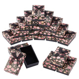 Flower Pattern Cardboard Jewelry Packaging Box, 2 Slot, For Ring Earrings, with Ribbon Bowknot and Black Sponge, Rectangle, Black, 8x5x2.6cm