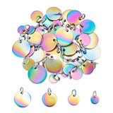 40Pcs 4 Size Vacuum Plating 304 Stainless Steel Charms, with Jump Rings, Blank Stamping Tag, Flat Round, Rainbow Color, 10pcs/size