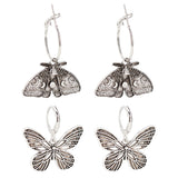 2 Pairs 2 Style Moth & Butterfly Zinc Alloy Dangle Hoop & Leverback Earrings, Insect Jewelry for Women, Antique Silver, 27~45mm, Pin: 0.6~0.7mm, 1 Pair/style