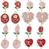 32Pcs 8 Style Rack Plating Alloy Enamel Pendants, Melting Heart/Oval with Rose & Tulip, Mixed Color, 17.5~22.5x11.5~21x2~4mm, Hole: 1.6~1.8mm, 4pcs/style