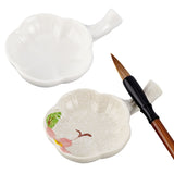 2Pcs 2 Colors Flower Shape Ceramics Ink Plate with Handle, Porcelain Brush Holder, for Calligraphy Lovers, Mixed Color, 7.3x10.5~10.9x2.3~2.4cm, 1pc/color