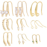 18Pcs 9 Style  Brass Earring Hooks, Ear Wire, with Clear Cubic Zirconia & Rhinestone, Cadmium Free & Lead Free, Real 18K Gold Plated, 13~23x7.5~22x0.5~5mm, Hole: 1~2.5mm, Pin: 0.5~0.8mm, 2pcs/style