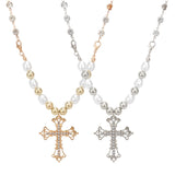 2Pcs 2 Colors Rhinestone Cross Fleury Pendant Necklace with Plastic Beaded Chains, Alloy Necklaces, Platinum & Golden, 15.75 inch(40cm), 1Pc/color