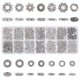 480Pcs 14 Styles Tibetan Style Alloy Spacer Beads, Cadmium Free & Lead Free, Rondelle & Flower & Flat Round, Mixed Shapes, Antique Silver, 5.5~10x1.5~4mm, Hole: 1~4mm, 480pcs/box