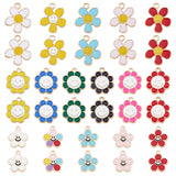 32Pcs 16 Styles Alloy Enamel Pendants, Golden, Flower with Smiling Face Charm, Mixed Color, 15.5~21.3x14~18x1.4~2mm, Hole: 1.4~2.2mm, 2pcs/style