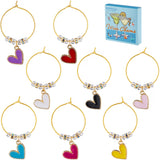 Alloy Enamel Wine Glass Charms, with Glass Beads and Brass Wine Glass Charm Rings, Heart, Mixed Color, 45mm, 8pcs/box