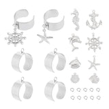 DIY Ocean Theme Charm Ring Making Kit, Including Stainless Steel Cuff Finger Ring Components, Dolphin & Anchor & Sea Horse 316 Surgical Stainless Steel Pendants, Stainless Steel Color, 22Pcs/box
