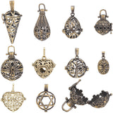 Tibetan Style Brass Cage Pendants, For Chime Ball Pendant Necklaces Making, Mixed Shapes, Antique Bronze, 23~47x16~34x14.5~25mm, Hole: 3.5~7x4~10mm, 1pc/style