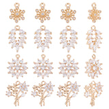 16pcs 4 Style Rack Plating Brass Micro Pave Clear Cubic Zirconia Charms, Long-Lasting Plated, Cadmium Free & Lead Free, Flower & Leaf, Light Gold, 4pcs/style