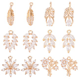 12Pcs 6 Style Brass Micro Pave Cubic Zirconia Pendants, Long-Lasting Plated, Light Gold, Leaf & Flower & Feather, Clear, 17~20x5~15x2.5~4mm, Hole: 1~1.8mm, 2pcs/style