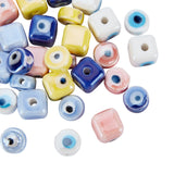 40Pcs 10 Colors Handmade Porcelain Ceramic Beads Strands, Bright Glazed Porcelain, Cube & Flat Round with Evil Eye, Mixed Color, 40pcs/box