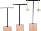 T Bar Iron & Wood Earring Displays Sets, T Bar with Two Holes, BurlyWood, 7x4x11.5~16cm