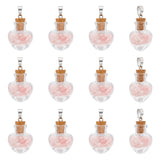 12Pcs Heart Glass Bottle with Rose Quartz inside Pendants, with 304 Stainless Steel Findings, 31x22x11mm, Hole: 7x4mm